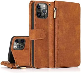 GoshukunTech for iPhone 14 Pro Case,for iPhone 14 Pro Wallet Case[ 8 Card Slots & 1 Zipper Coin Purse] Leather Wallet Flip Cover with Wrist Starp-Brown
