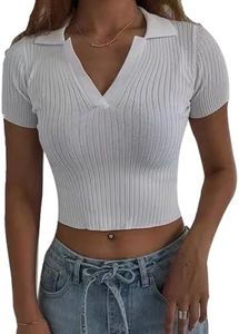 Hyipels Women Knit Crop Polo Shirts,Summer Short Sleeve Ribbed Collared T-Shirt Solid Fitted V Neck Tops White