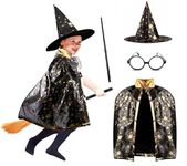 Umnodobn Unisex Kids Wizard Party Costume Cloak Fancy Dress Witch Cape with Wand Hat Glasses Cloth Gift Set for Boys, Girls, Cool Dress for Carnival, Halloween, Pretend Party, Birthday, Cosplay Black