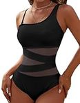 Blooming Jelly Women's Sexy One Piece Bathing Suits Slimming One Shoulder Swimsuits Black Mesh Swimwear (Medium, Black)