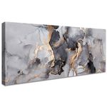 Wooden Framed Large Canvas Wall Art Abstract Marble Black Gray Gold Painting on Canvas Print Picture for Living Room Bedroom Restaurant Home Office Wall Decoration Ready To Hang 50x120cm/20x48 inch