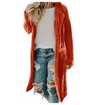 Women's Solid Long Sleeve Velvet Jacket Casual Lapel Collar Open Front Cardigan Coat with Pockets Long Outerwear Brown