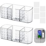 FTISSLY 2 Pack Adhesive Remote Control Holder, 3 Grids TV Remote Holder Wall Mounted Storage Box Wall Remote Holder Clear Wall Pen Holder Storage with Phone Charging Slot for Home Office Kitchen