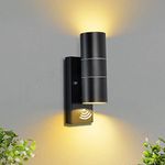 Unikcst Dawn to Dusk Outdoor Wall Lights Mains Powered Sensor IP44 Black Up Down Outside Wall Lights for Front Door Porch 240V -Incl. 2X 5W LED GU10 Bulbs Warm White