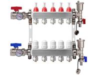 5-Branch Radiant Heat Manifold,Stainless Steel PEX Manifold with Compatible Outlets for Hydronic Radiant Floor Heating (1/2" Adapters Included)