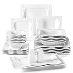 MALACASA 56 Piece Porcelain Dinner Set Square White Dinnerware Sets with 12-Piece Dinner Plates/Dessert Plates/Soup Plates/Bowls 2 Salt Shaker Set 4-Piece Rectangular Plates, Service for 12