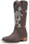 Jeossy Women's Whisky Cowboy Mid Calf Boots, Square Toe Boot with Embroidery Flower, Low Heel Western Cowgirl 9807 Boot, Comfy Riding Round Toe Boots with Side Zipper, Size 6 US(DJY9807 Whisky 06)