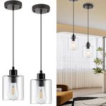 Capaaobc 1 Light Hanging Pendant Light Fixtures, Adjustable Black Pendant Lights Kitchen Island, Modern Farmhouse Light Fixtures for Dining Room, Clear Glass Shade, E26 Base, 2 Pack