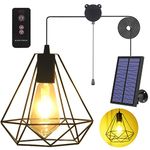 YUMAMEI Solar Pendant Lights, Solar Powered Shed Light with Pull Cord and Remote for Outdoor Indoor, Solar Chandelier, Gazebo Lights with Adjustable Solar Panel for Yard Patio Balcony Barn Garage