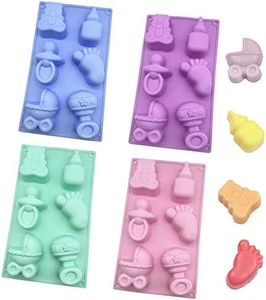 DD-life 4 Pcs Baby Shower Party Silicone Mold,Bear Pacifier Little Feet Feeding Bottle Baby Carriage Silicone Fondant Mold for Chocolate,Soap,Sugar,Polymer Clay(1Purple,1Pink,1Green,1Blue)