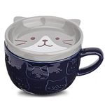 Cute Ceramic Cat Coffee Mug with Lid,Kawaii Coffee Mugs or Tea Cups for Cat Lovers,Funny Novelty Cat Breakfast Mugs for Women Wife Mum Girls Boys Friends Kids Christmas Birthday Gift,300ML（Blue）