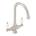 ENKI, Dorchester, KT060, Brushed Nickel Dual Flow Kitchen Sink Mixer Tap for Basin, with Twin White Levers Swivel Spout Perfect for Double Bowl Sinks, Easy and Safe to use Drip Free Ceramic Valve