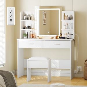 GarveeHome Vanity Desk with Mirror and Lights, Makeup Vanity Set w/Desk and Stool, Power Outlet, Makeup Vanity Desk with 6 Storage Shelves, 2 Large Drawers and 3 Color Adjustable Brightness, White