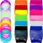 TecUnite 12 Pairs Neon Colored Fingerless Fishnet Gloves and 100 Pieces Multicolor Silicone Jelly Bracelets Retro 80s 90s Party Favors Costume Accessories for Party Supplies