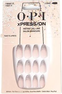 OPI xPress/ON Press On Nails, Up to 14 Days of Gel-Like Salon Manicure, Vegan, Sustainable Packaging, With Nail Glue, Long Sparkly Silver French Tip Nail Art, Almond Shape, I Want It, I Got It