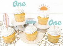 The Big One Cupcake Toppers - Retro Surfer Theme First Birthday Decor Set of 12pcs,Ocean Themed Cupcake Tops Surf Board Sun Retro Van Big One,1st Birthday Party Decorations,Photo Props for Summer