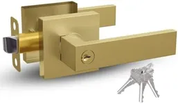 Mega Handles - ROBELL Entry Single I Entry Lever Door Handle and Single Cylinder Deadbolt Lock and Key Combo Pack - Heavy Duty Square Locking Lever Set for Left or Right-Handed Doors - Satin Brass