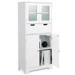 COSTWAY Tall Bathroom Storage Cabinet, Freestanding Storage Organizer with Glass Doors, 2 Drawers and 2 Adjustable Shelves, Wooden Linen Floor Cabinet for Bathroom, Living Room, Kitchen (White)