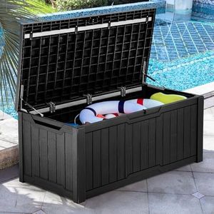 YITAHOME 120 Gallon Large Deck Box, Resin Outdoor Storage Box for Outdoor Pillows, Garden Tools and Pool Supplies, Waterproof, Lockable, Black