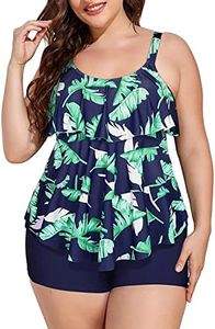 Yonique Women's Plus Size Tankini Swimsuits with Shorts Two Piece Bathing Suits Ruffle Swimsuits Tummy Control Swimwear, Blue & Green Leaf Tankini, 14 Plus