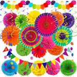 Recosis Fiesta Party Decorations, Multicoloured Paper Fans Pompoms Paper Balloon Garlands Hanging Swirls Decorations for Fiesta Gifts Mexican Cinco De Mayo Taco Birthday Party Supplies