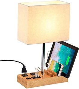 Dreamholder Desk Lamp with 3 USB Charging Ports, Table Lamp with 2AC Outlets and 3 Phone Stands, Nightstand Bedside Lamp with Natural Wooden Base and Cream Linen Shade