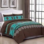 3 Piece Western Southwestern Native American Design Comforter Set Multicolor Teal Coffee Brown Embroidered King Size Navajo Bedding Set- Makala (King)