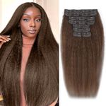 Kinky Straight Clip in Hair Extensions Real Human Hair, Remy Human Hair Extensions Clip ins for Women, Natural Human Hair, Brown 16 inch