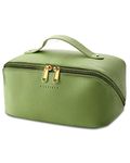 Batfield Cosmetic Bag For Women,Litchi Pu Leather Makeup Pouch For Women,Large Capacity Cosmetic Travel Bag,Portable Makeup Kit Storage Bag With Handle And Divider,Makeup Organizer Bag (Green),12 cm