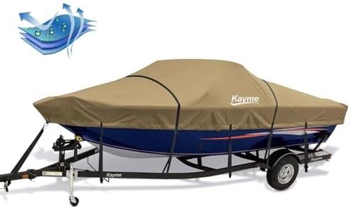 Kayme 900D Heavy Duty Boat Cover, Waterproof and Tear Resistant Boat Canvas.Length 14-16ft, Width up to 90", Fit for Small V-Hull, Tri-Hull, Bass Boat, Fish & Ski Boat.Khaki