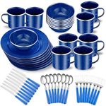 Nuogo 48 Pcs Enamel Camping Tableware Set for 8 Includes 12 oz Enamel Coffee Mugs 10.5 Inch Camping Plates 6 Inch Bowls and Camping Utensils Set Includes Knife Fork Spoon for Camping outdoor RV, Blue