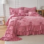 Tache Satin Pink Floral Comforter - 6pc Elegant Cascading Ruffles Embellished Rose Lace Victorian Royal Princess Dreams Bedding Set, King