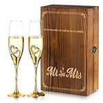 Nuptio Crystal Champagne Flutes Wedding: Set of 2 Gold Champagne Glasses with Wooden Gift Box Prosecco Glass Pair for Couples Bride & Groom Engagement Anniversary Bridal Showers Toasting Gift Sets