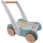 Wooden Baby Walker with Blocks - Wooden Push Along Trolley - 123 and ABC bricks - Suitable for Toddlers and Babies from 12 months