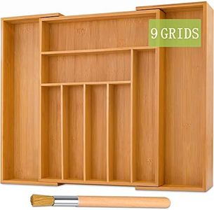 TWBEST Caja de cubiertos de bambú,Organizador de Cubiertos de Madera+1 cepillo de limpieza,Bandeja para cubiertos con 7 a 9 Compartimentos,Cubertero,32-52 * 41 * 5cm