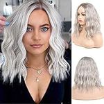 Womens Grey Wig Short Hair Ombre Bob Curly Wavy Wig Synthetic Full Wigs with Dark Root Cosplay Halloween Party (Gray)