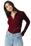 SIGHTBOMB Polo Collared Long Sleeve Button Up Ribbed Tops For Women (Medium, Maroon, Slim Fit)