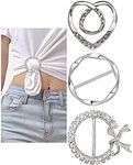 3 Pack Alloy T-Shirt Clips Rhinestone Scarf Ring Buckles 1.9 Inch Round Heart Shape Tshirt Scarves Clothes Waist Tie Decoration Accessories for Women Girls