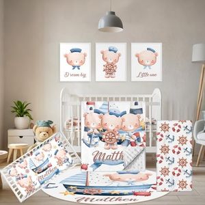 Terwex Custom Baby Bedding Set, 5 Pcs Customized Nursery Bedding Set with Name, Comfortable Double Layer Crib Sets for Boys Girls, Personalized Gifts for Infants Toddlers New Parents, Sailing Bear