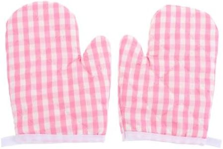 DOITOOL 2Pcs Kids Oven Mitts for Children Play Kitchen, Microwave Oven Gloves Kitchen Baking Mitts, Red Checkered Heat Resistant Kitchen Mitts for Safe Backing Cooking BBQ (Pink Checkered)