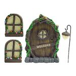 Fairy Door Cabin Set of 4 Garden Ornaments, Gnome Home Window and Door with Fairy Lantern, Miniature Glow in the Dark Mystical Sculptures for Tree Trunk Yard(As Shown)