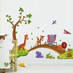 Kibi Wall Stickers Animals Giraffe, Crocodile, Elephant, Lion Cross Wooden Bridge Tree Removable, Wall Stickers Kids Animals Animal Wall Stickers for Children, Wall Stickers Kids Bedroom