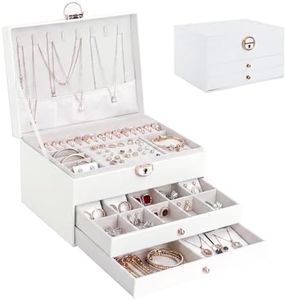 OTraki 3-Layer White Leather Jewelry Box with Lock, Large Capacity