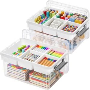 17QT 2Packs Clear Craft Organizers and Storage with Fixed-Compartment Tray, Art Supply Organizers and Storage, Craft Storage Bins with Lids for Beads, Markers, Playdoh, Tools and Coloring Books