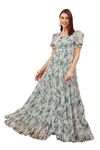 ODD BY chansi TRENDZ Women's Flared Gown Georgette All Over Print Maxi Length Turquoise Blue XXXX-Large