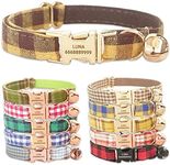 PETDURO Handmade Personalized Plaid Cat Collars with Bell & Name Engraved Metal Buckle Customized for Cute Girl and Boy Cats - Matching Bow Tie Available (S, Brown Yellow Plaid Light Gold Buckle)