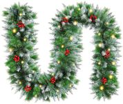 Christmas Garland with Lights, Pre-lit 9FT Battery Operated Pine Garland with 30 LED Lights, Red Berries, Artificial Flocked Garland Christmas Decorations for Indoor and Outdoor Holiday Decorations