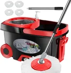 FunClean Spin Mop and Bucket,Mop and Bucket with Wringer Set for Home,360 Spinning Mopping Floor Cleaning Tool with 4 Microfiber Replacement Head Refills,61" Extended Handle, 2X Wheel - Black