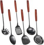 FJNATINH 6-Pieces Wok Utensils Set for Carbon Steel, Wok Spatula Soup Ladle Set Cooking Kitchen Tools Professional Sets, Wooden Handle Skimmer, Soup Ladle, Slotted Turner,etc.