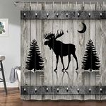 Rustic Deer Shower Curtain for Bathroom,Wild Animals Rustic Cabin Elk Moose Forest Bath Curtain, Vintage Wood Board Design Country Farmhouse Style Decor Shower Curtain Sets, 69X70 Inches with Hooks